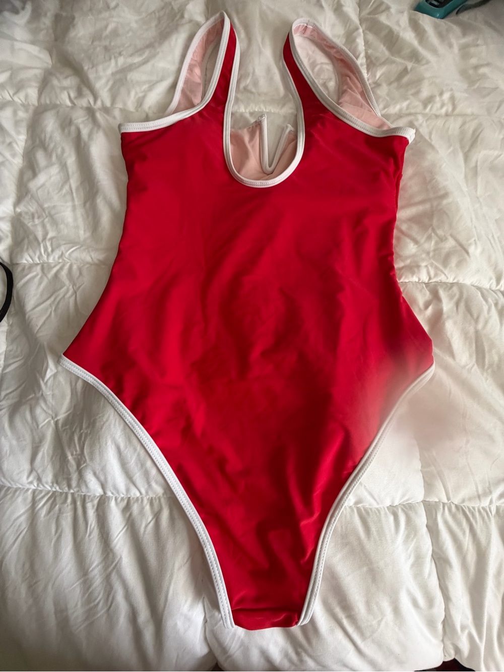 Red One-Piece Swimsuit with white trim - Picture 3 of 8